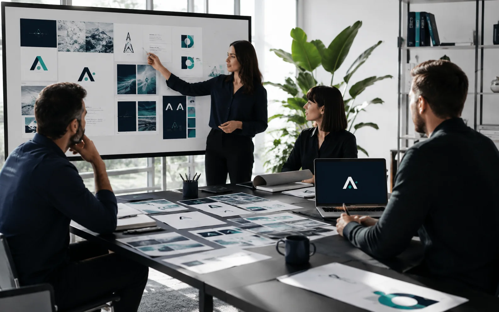 Creative team reviewing branding and visual identity concepts